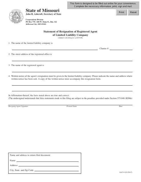 Form LLC-6 Statement of Resignation of Registered Agent of Limited Liability Company - Missouri
