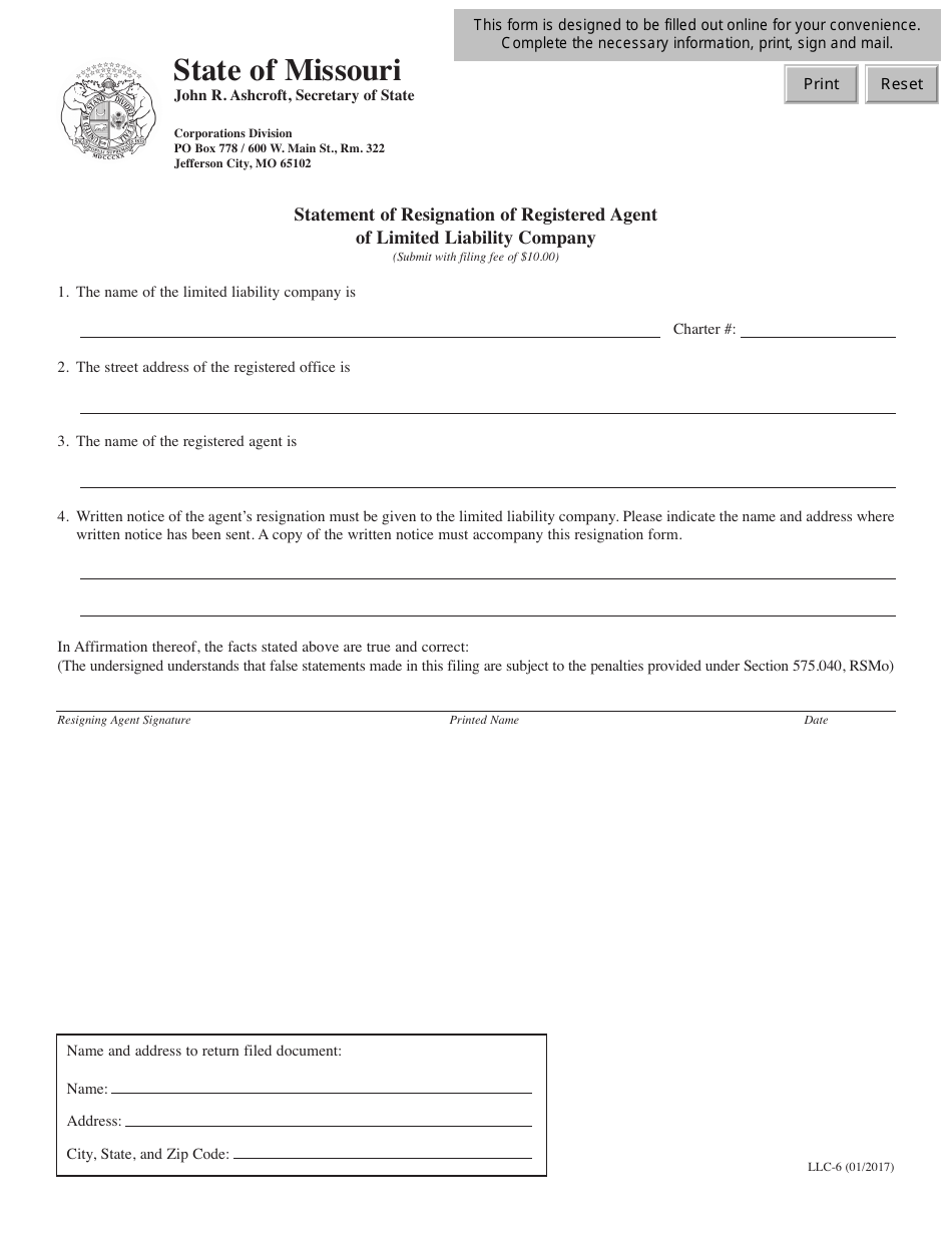 Form LLC-6 Statement of Resignation of Registered Agent of Limited Liability Company - Missouri, Page 1