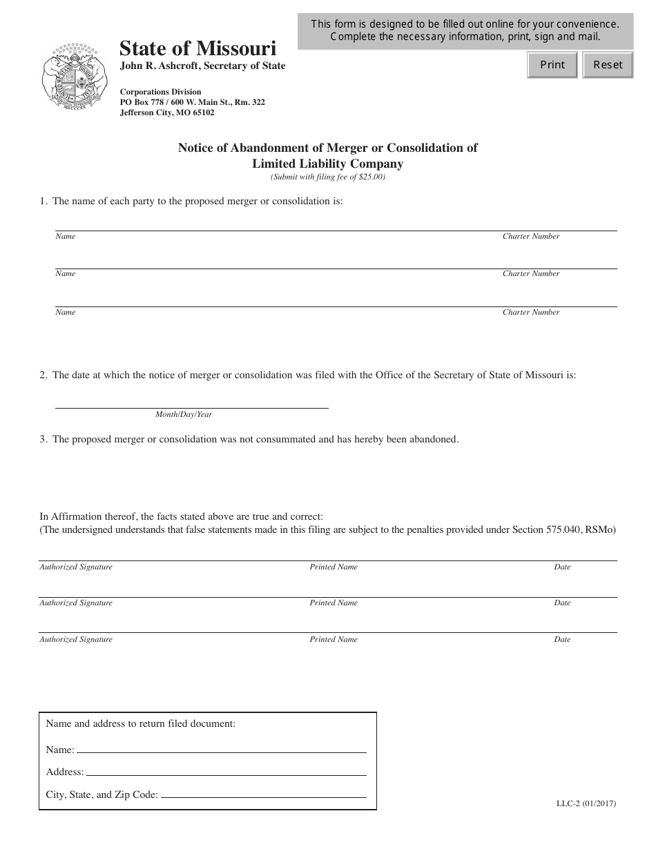 Form LLC-2 Notice of Abandonment of Merger or Consolidation of Limited Liability Company - Missouri, Page 1