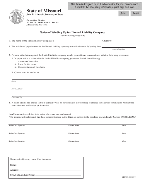 Form LLC-13 Notice of Winding up for Limited Liability Company - Missouri