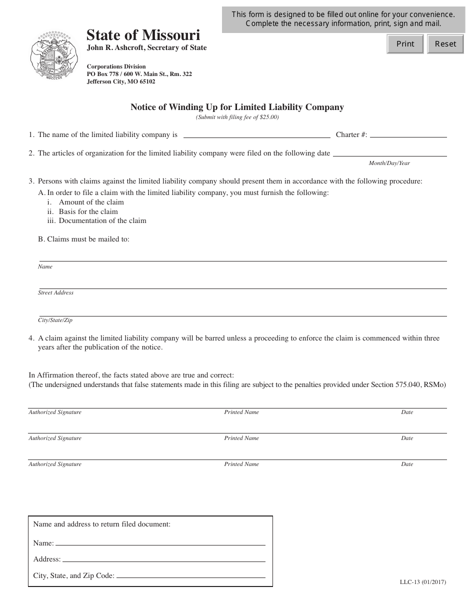 Form LLC-13 Notice of Winding up for Limited Liability Company - Missouri, Page 1