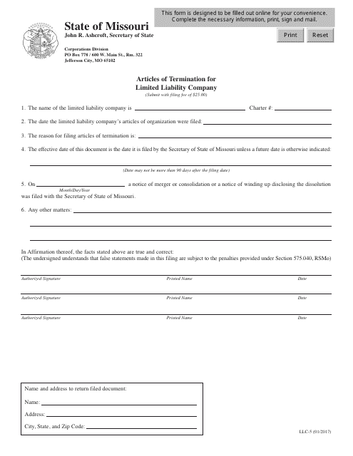 Form LLC-5 Articles of Termination for Limited Liability Company - Missouri