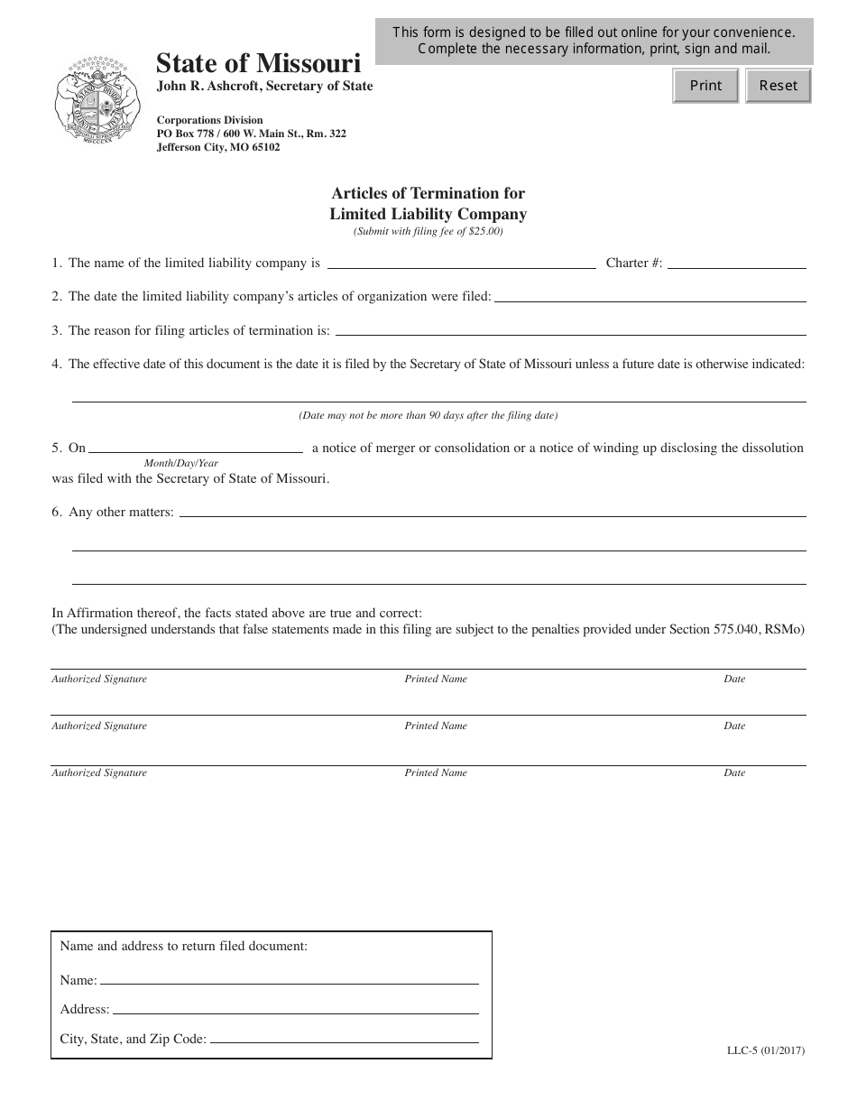 Form LLC-5 - Fill Out, Sign Online and Download Fillable PDF, Missouri ...