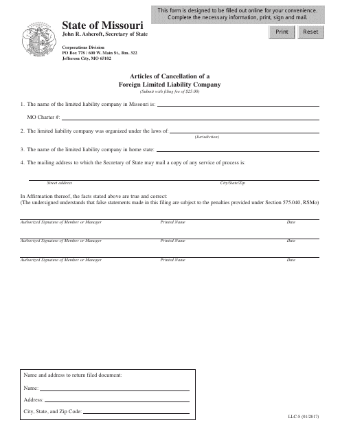 Form LLC-8 Articles of Cancellation of a Foreign Limited Liability Company - Missouri
