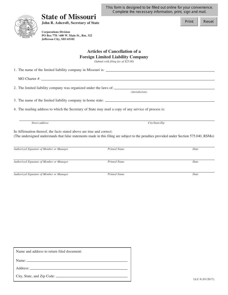 Form LLC-8 Articles of Cancellation of a Foreign Limited Liability Company - Missouri, Page 1