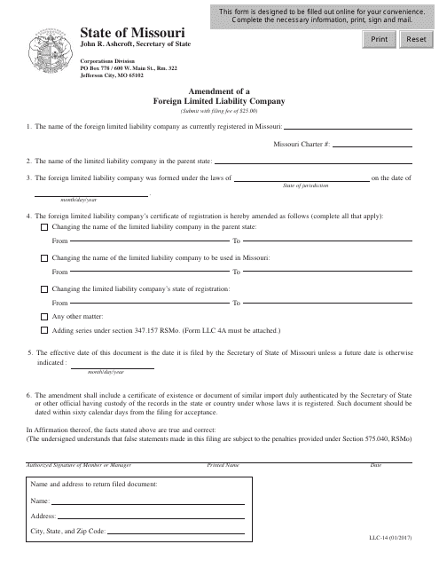 Form LLC-14 Amendment of a Foreign Limited Liability Company - Missouri