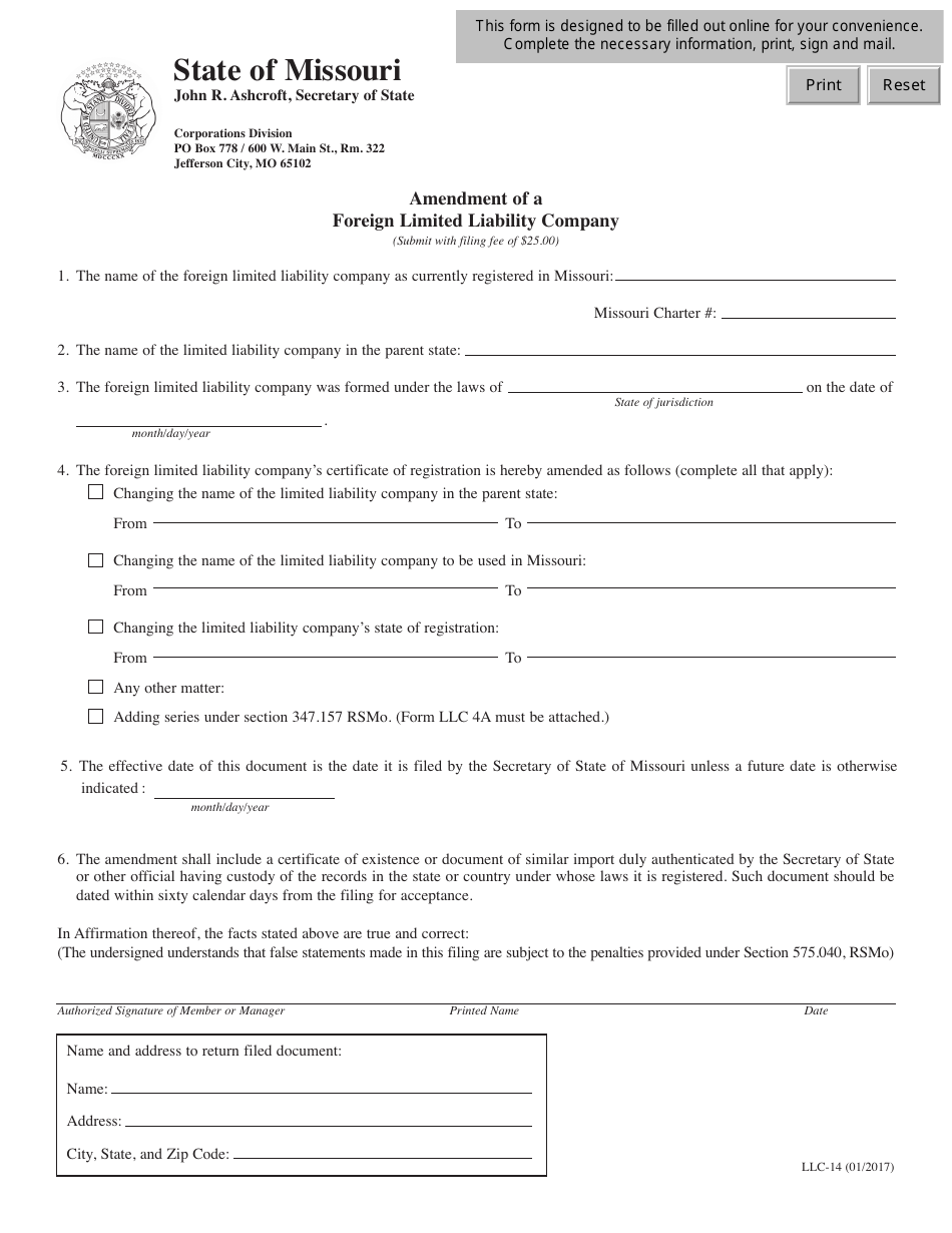 Form LLC-14 Amendment of a Foreign Limited Liability Company - Missouri, Page 1