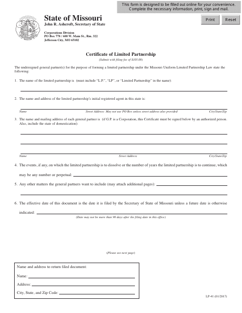 Form LP-41 Certificate of Limited Partnership - Missouri