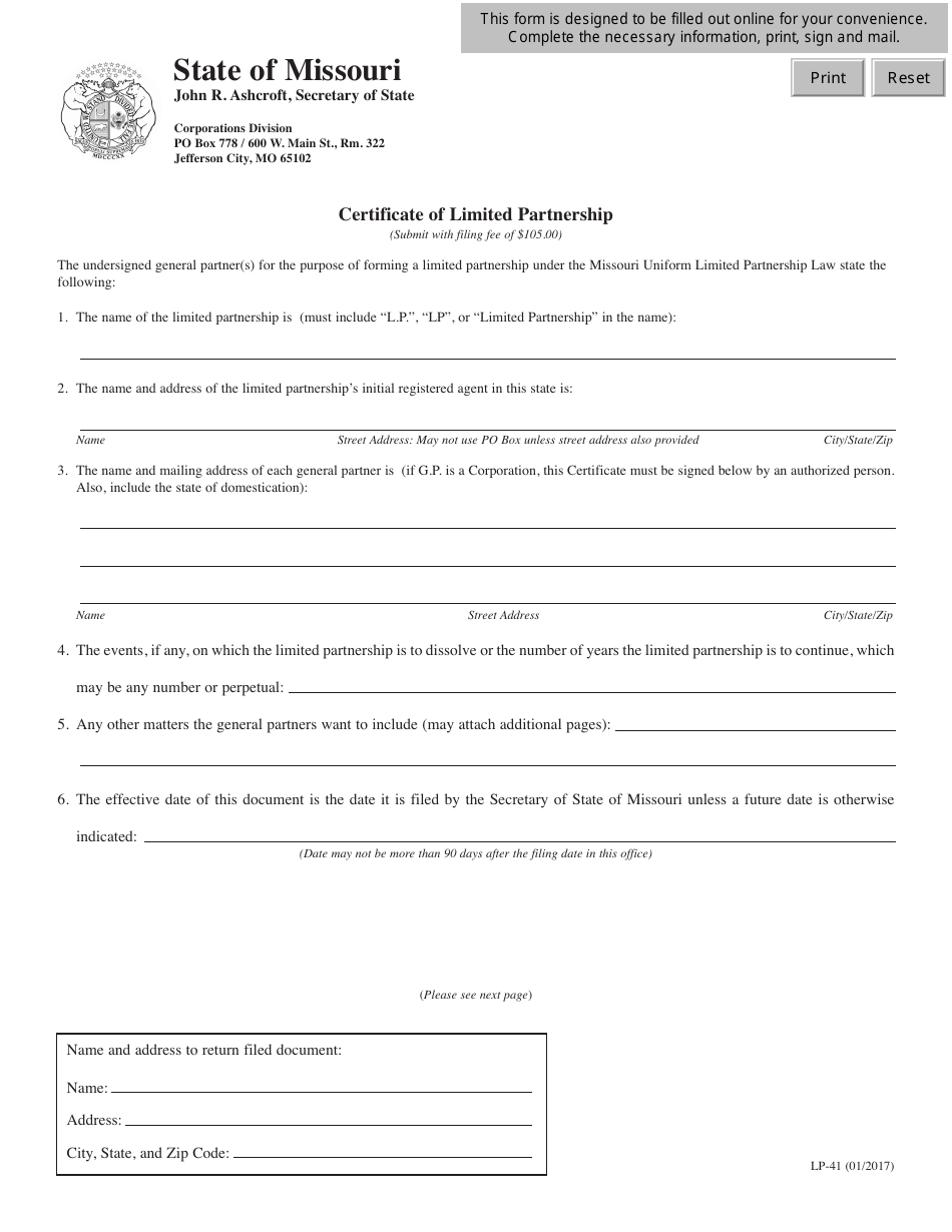 Form LP-41 Certificate of Limited Partnership - Missouri, Page 1