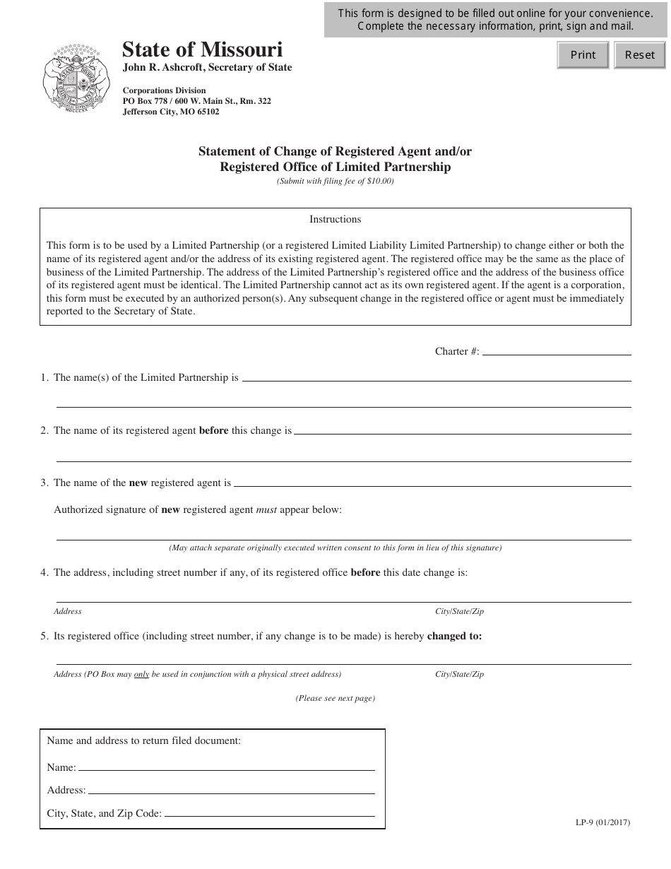Form LP-9 Statement of Change of Registered Agent and/or Registered Office of Limited Partnership - Missouri, Page 1