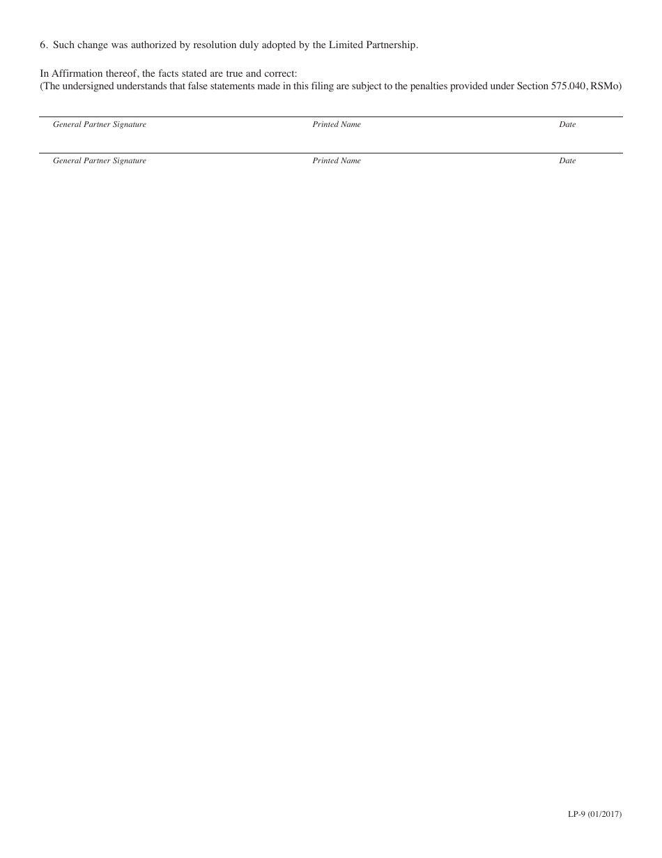 Form LP-9 Statement of Change of Registered Agent and / or Registered Office of Limited Partnership - Missouri, Page 2