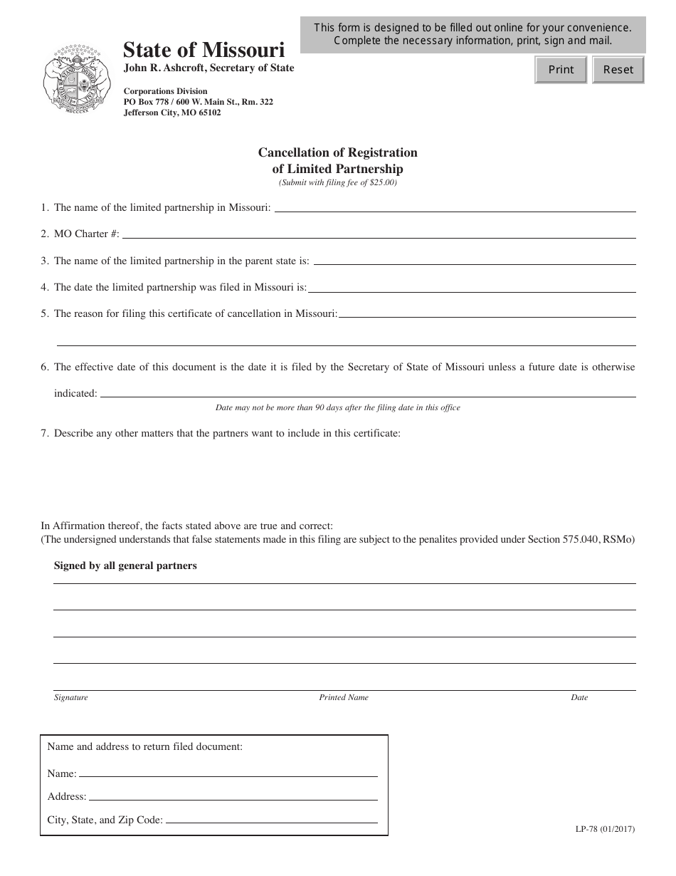 Form LP-78 Cancellation of Registration of Limited Partnership - Missouri, Page 1