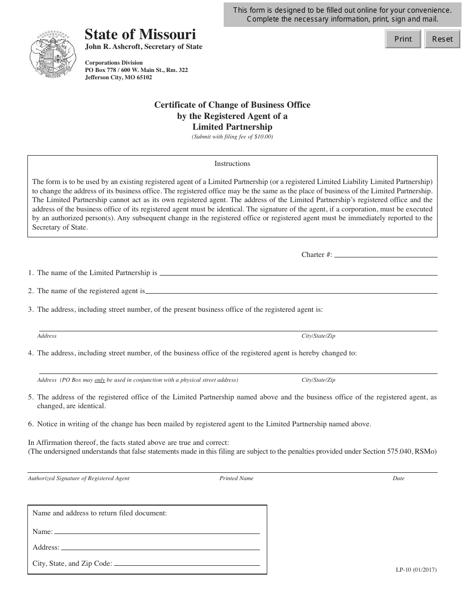 Form LP-10 Certificate of Change of Business Office by the Registered Agent of a Limited Partnership - Missouri, Page 1