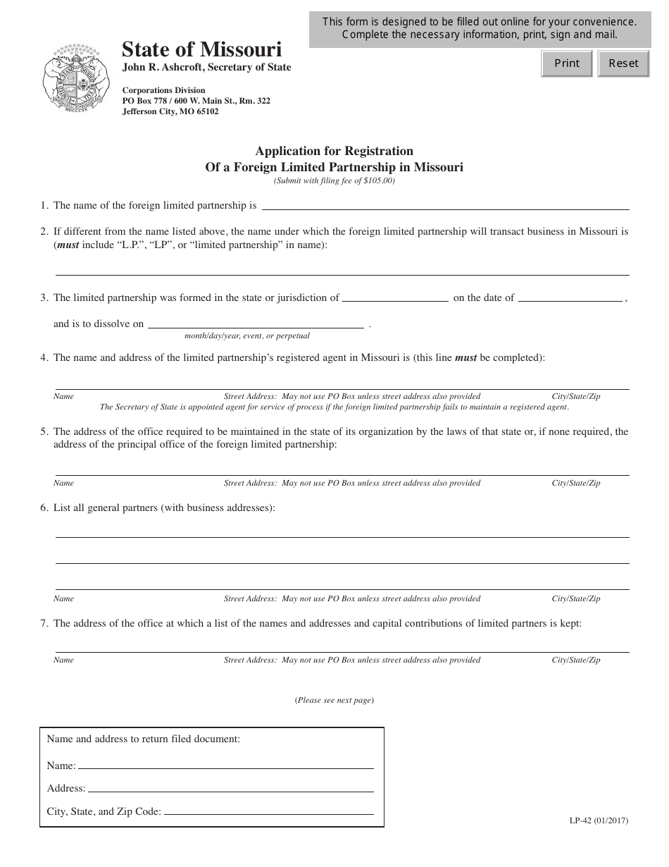 Form LP-42 Application for Registration of a Foreign Limited Partnership in Missouri - Missouri, Page 1