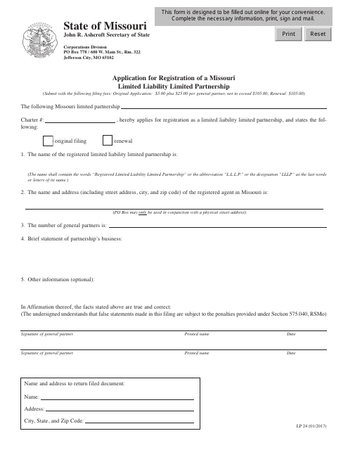 Form LP24 Application for Registration of a Missouri Limited Liability Limited Partnership - Missouri