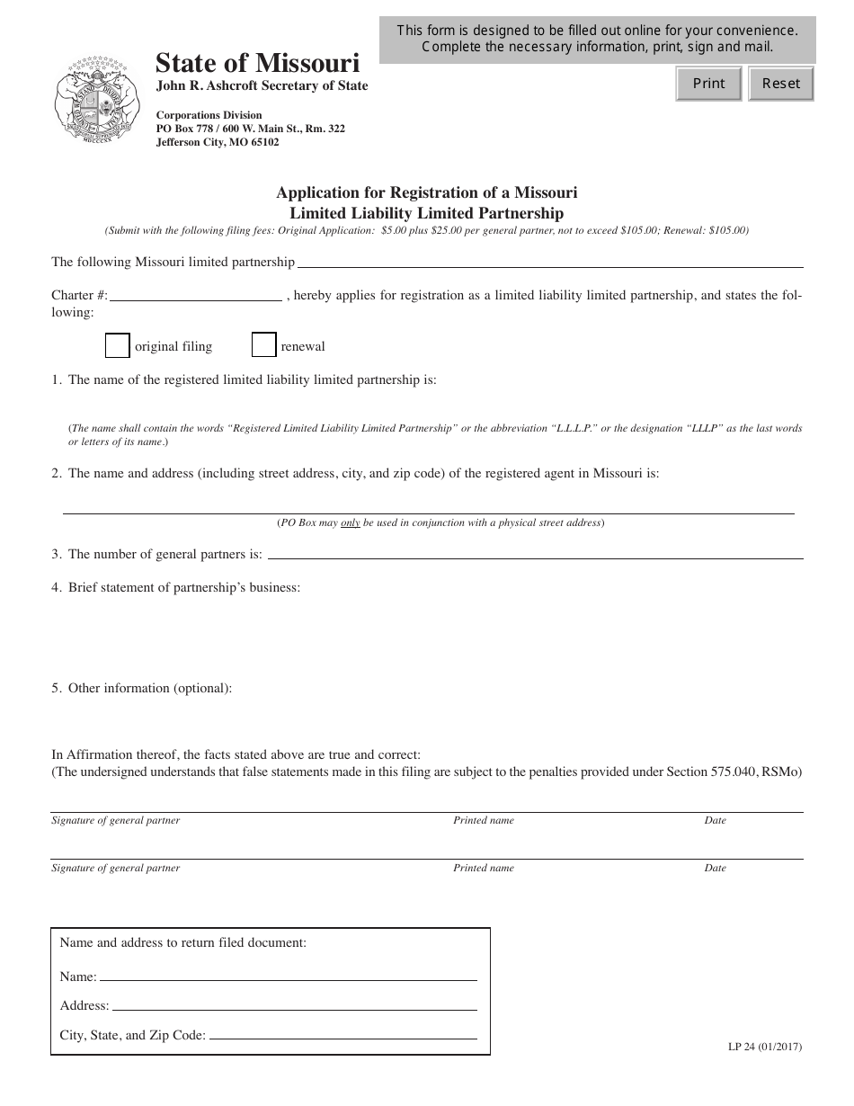 Form LP24 Application for Registration of a Missouri Limited Liability Limited Partnership - Missouri, Page 1
