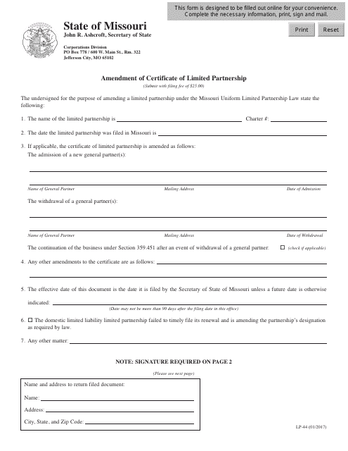 Form LP-44 Amendment of Certificate of Limited Partnership - Missouri