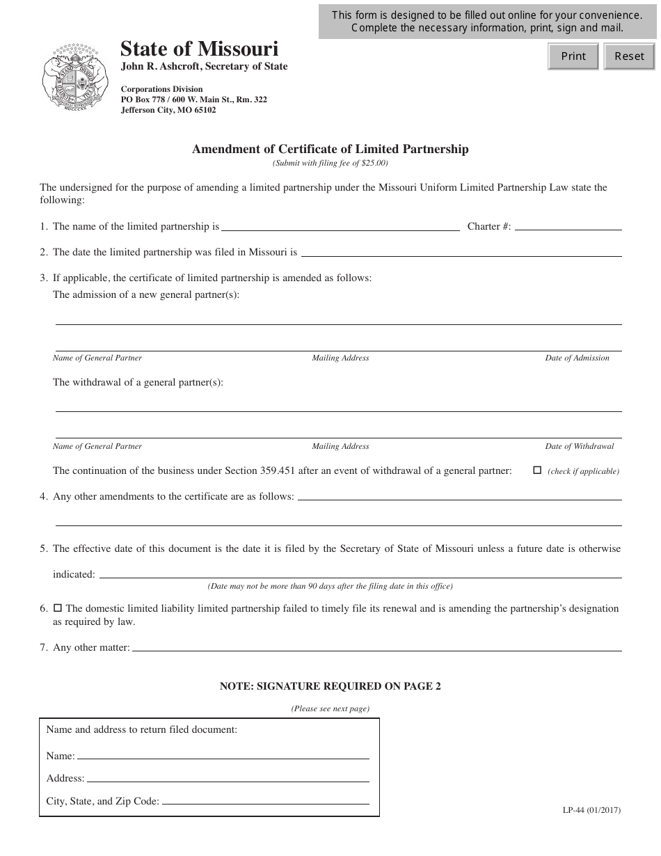 Form LP-44 Amendment of Certificate of Limited Partnership - Missouri, Page 1