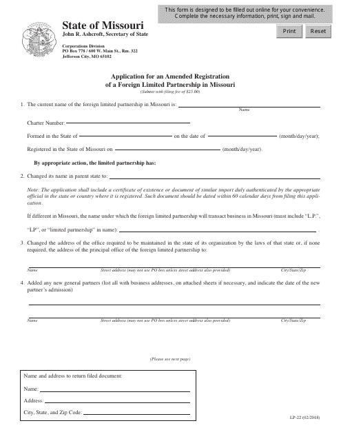 Form LP-22 Application for an Amended Registration of a Foreign Limited Partnership in Missouri - Missouri
