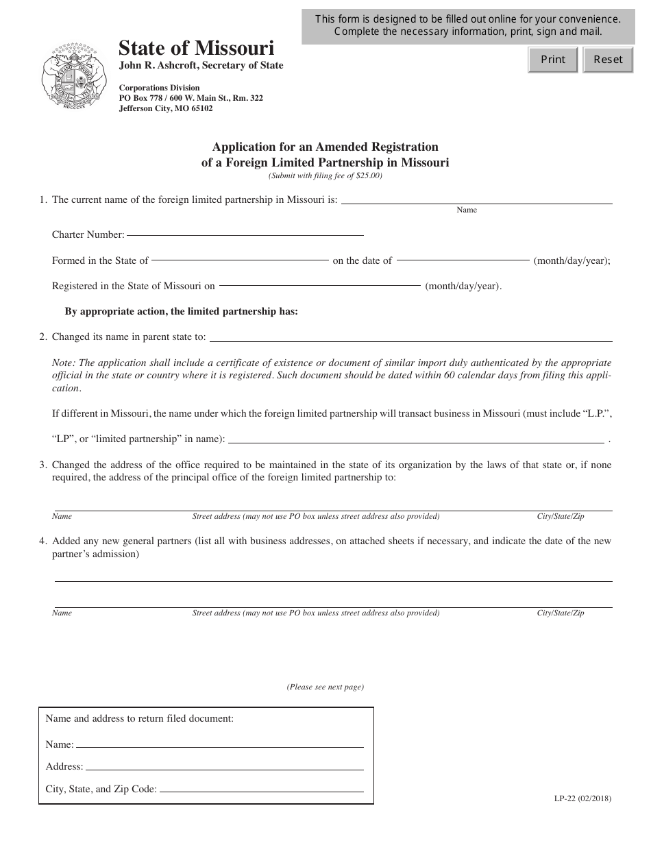 Form LP-22 Application for an Amended Registration of a Foreign Limited Partnership in Missouri - Missouri, Page 1