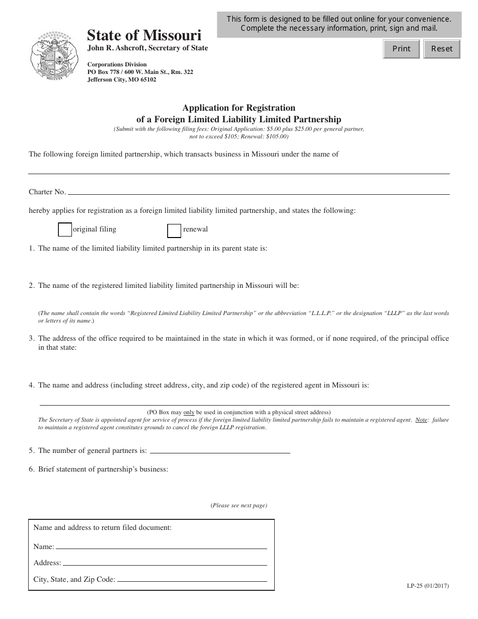 Form LP-25 Application for Registration of a Foreign Limited Liability Limited Partnership - Missouri, Page 1