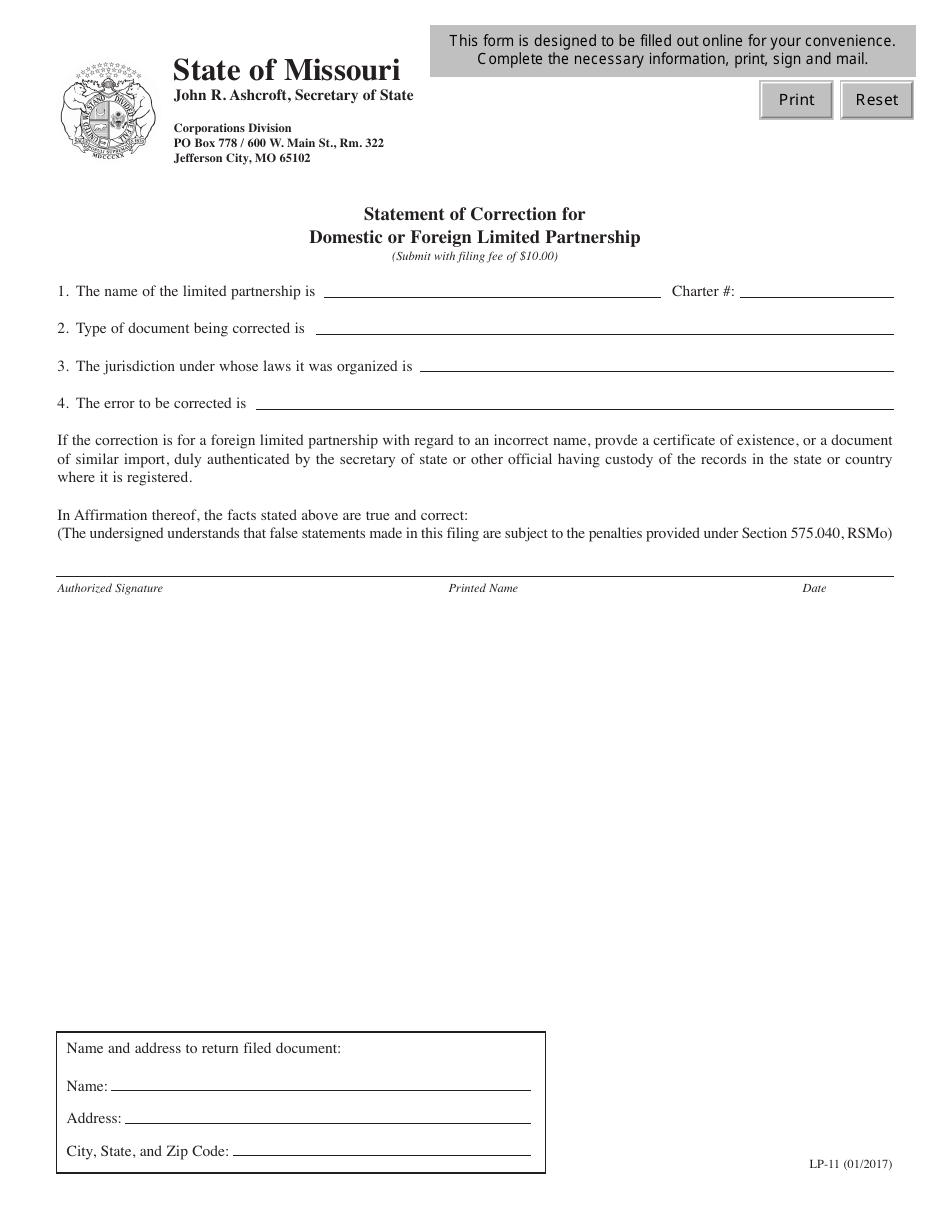 Form LP-11 Statement of Correction for Domestic or Foreign Limited Partnership - Missouri, Page 1