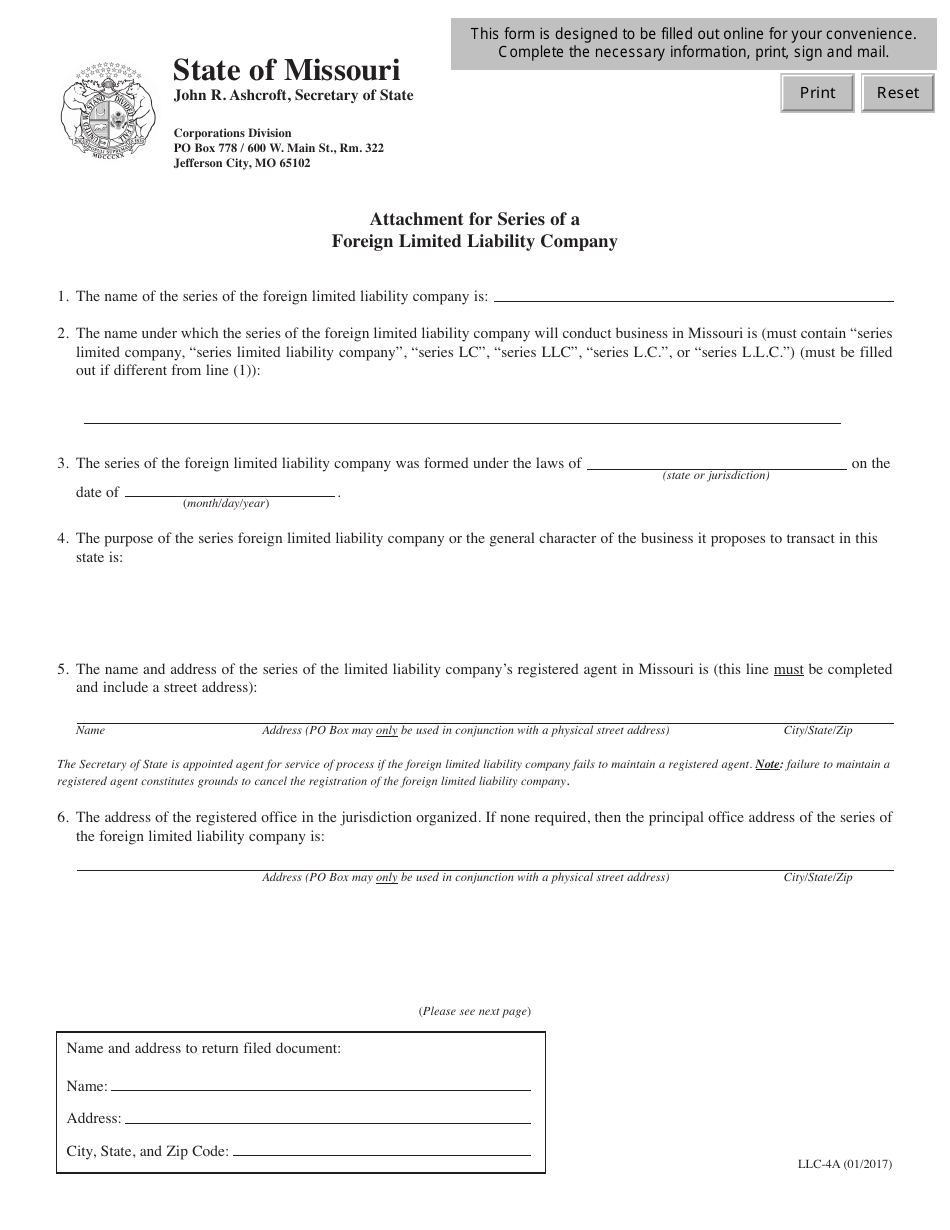 Form LLC-4A Attachment for Series of a Foreign Limited Liability Company - Missouri, Page 1