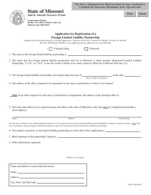 Form LLP-1 Application for Registration of a Foreign Limited Liability Partnership - Missouri