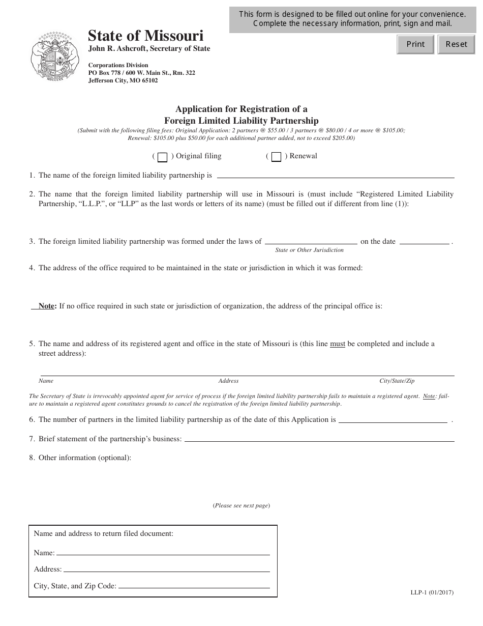 Form LLP-1 Application for Registration of a Foreign Limited Liability Partnership - Missouri, Page 1