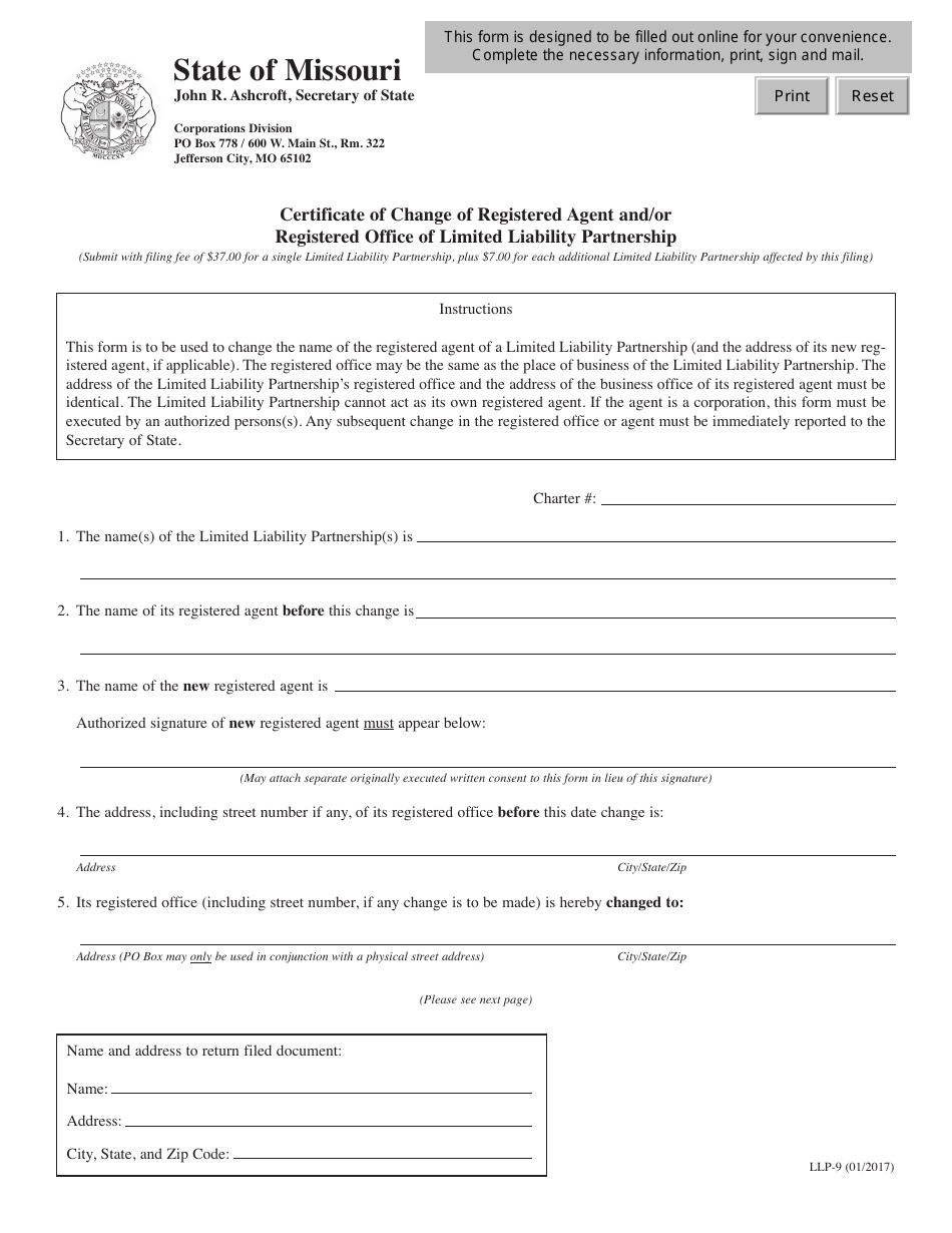 Form LLP-9 Certificate of Change of Registered Agent and/or Registered Office of Limited Liability Partnership - Missouri, Page 1