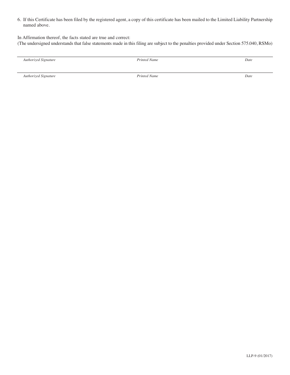Form LLP-9 Certificate of Change of Registered Agent and / or Registered Office of Limited Liability Partnership - Missouri, Page 2