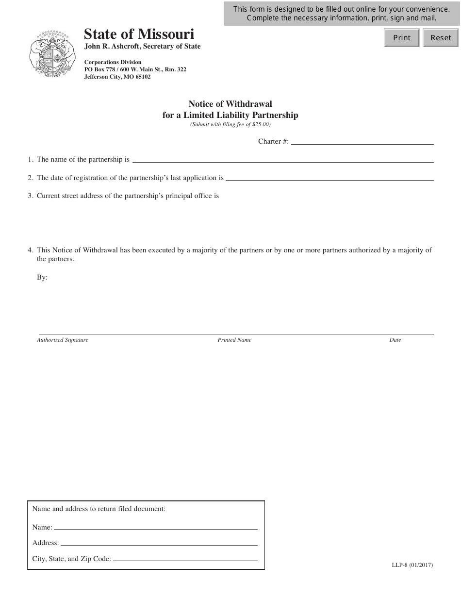 Form LLP-8 Notice of Withdrawal for a Limited Liability Partnership - Missouri, Page 1