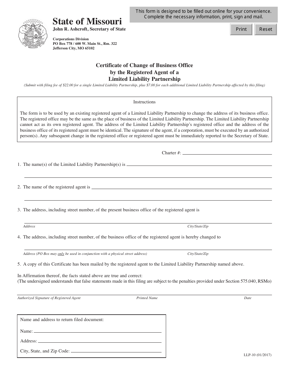 Form LLP-10 Certificate of Change of Business Office by the Registered Agent of a Limited Liability Partnership - Missouri, Page 1