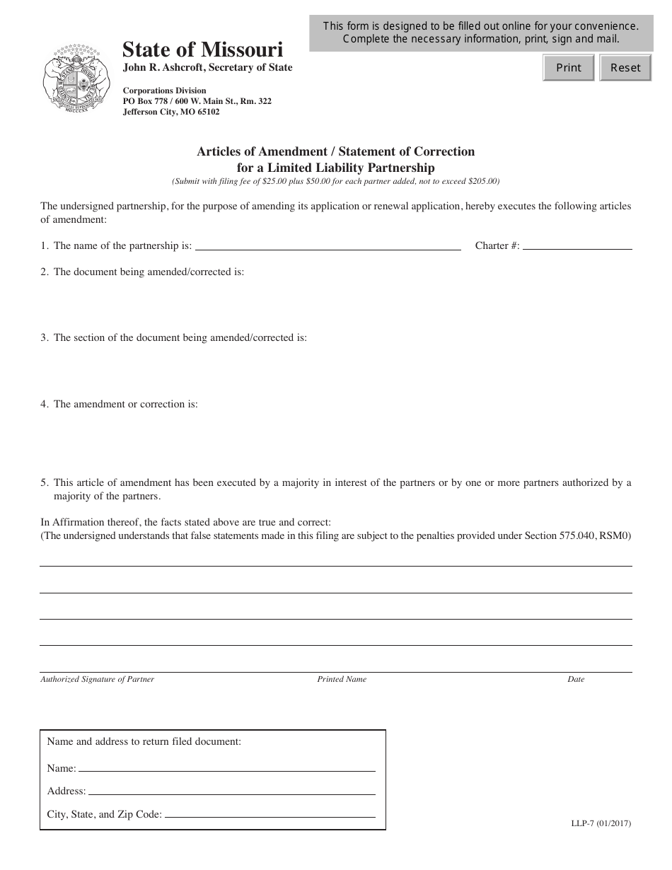 Form LLP-7 Articles of Amendment / Statement of Correction for a Limited Liability Partnership - Missouri, Page 1