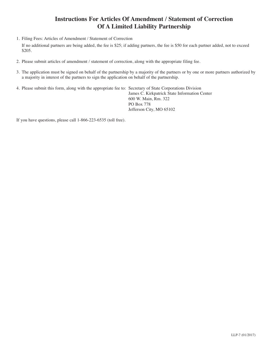 Form LLP-7 Articles of Amendment / Statement of Correction for a Limited Liability Partnership - Missouri, Page 2
