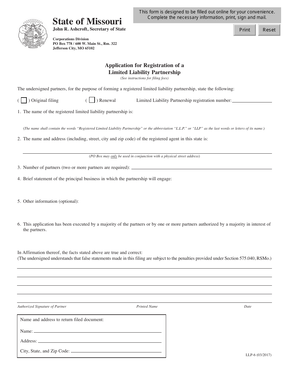 Form LLP-6 Application for Registration of a Limited Liability Partnership - Missouri, Page 1
