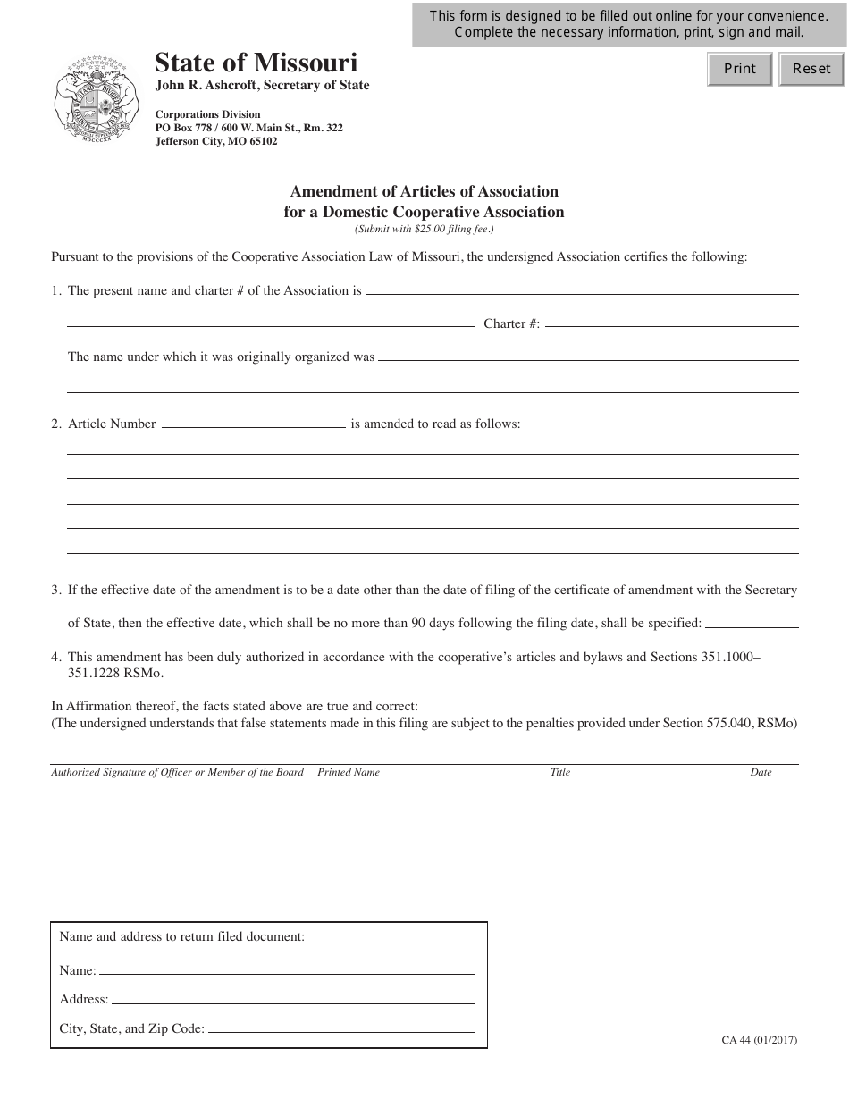 Form CA44 Amendment of Articles of Association for a Domestic Cooperative Association - Missouri, Page 1