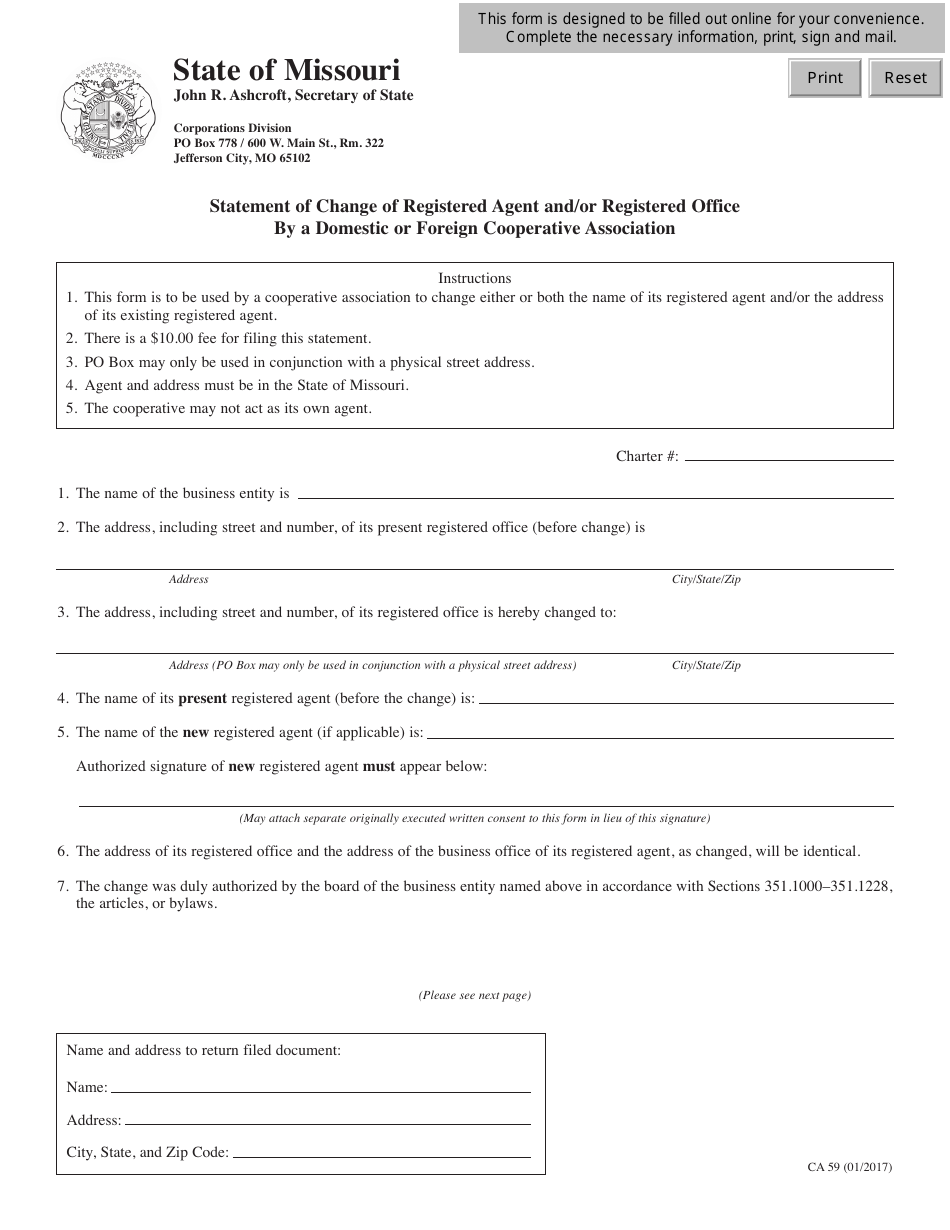 Form CA59 Statement of Change of Registered Agent and / or Registered Office by a Domestic or Foreign Cooperative Association - Missouri, Page 1