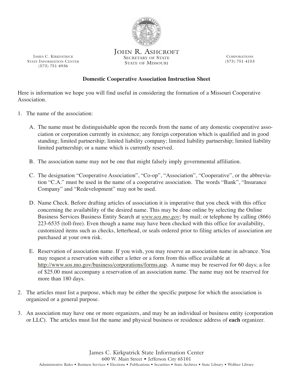 Form CA41 Articles of Association - Missouri, Page 1