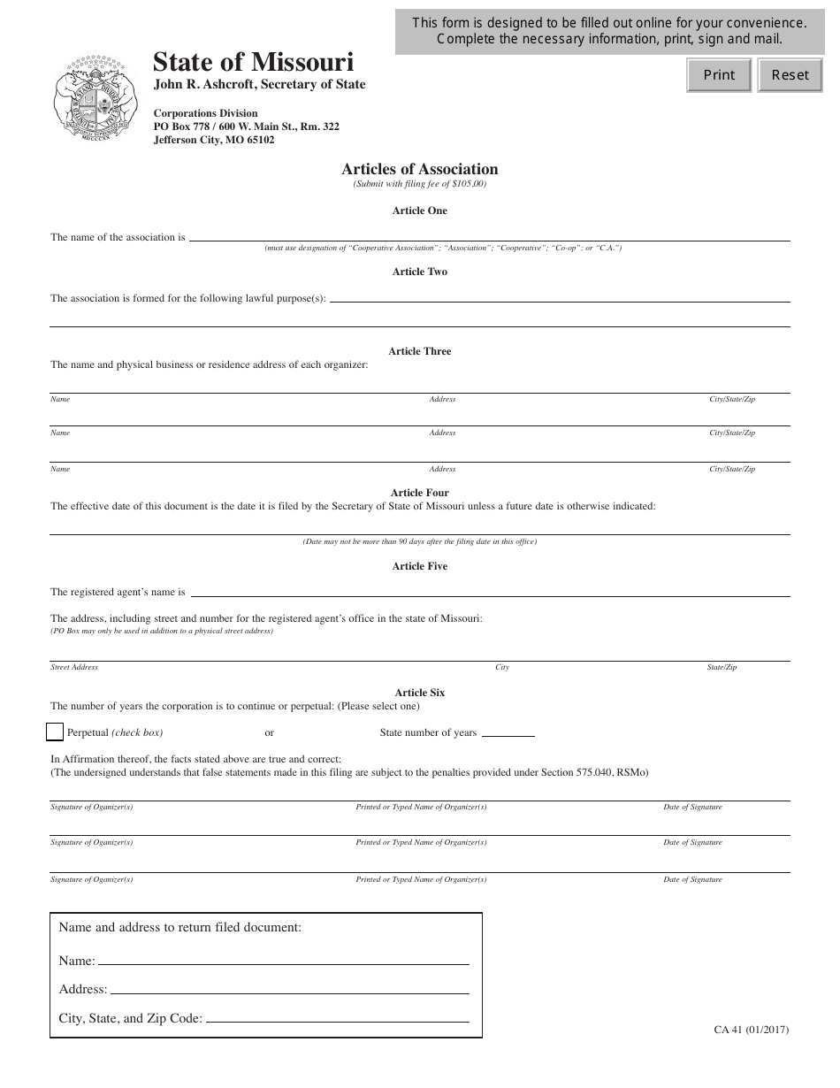 Form CA41 Articles of Association - Missouri, Page 3