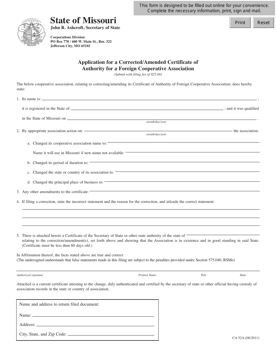 Form CA52A Application for a Corrected / Amended Certificate of Authority for a Foreign Cooperative Association - Missouri, Page 1