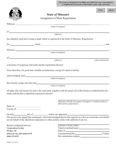 Form TMSM30 Assignment of Mark Registration - Missouri