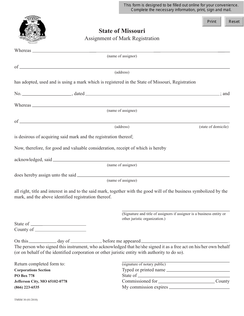 Form TMSM30 Assignment of Mark Registration - Missouri, Page 1