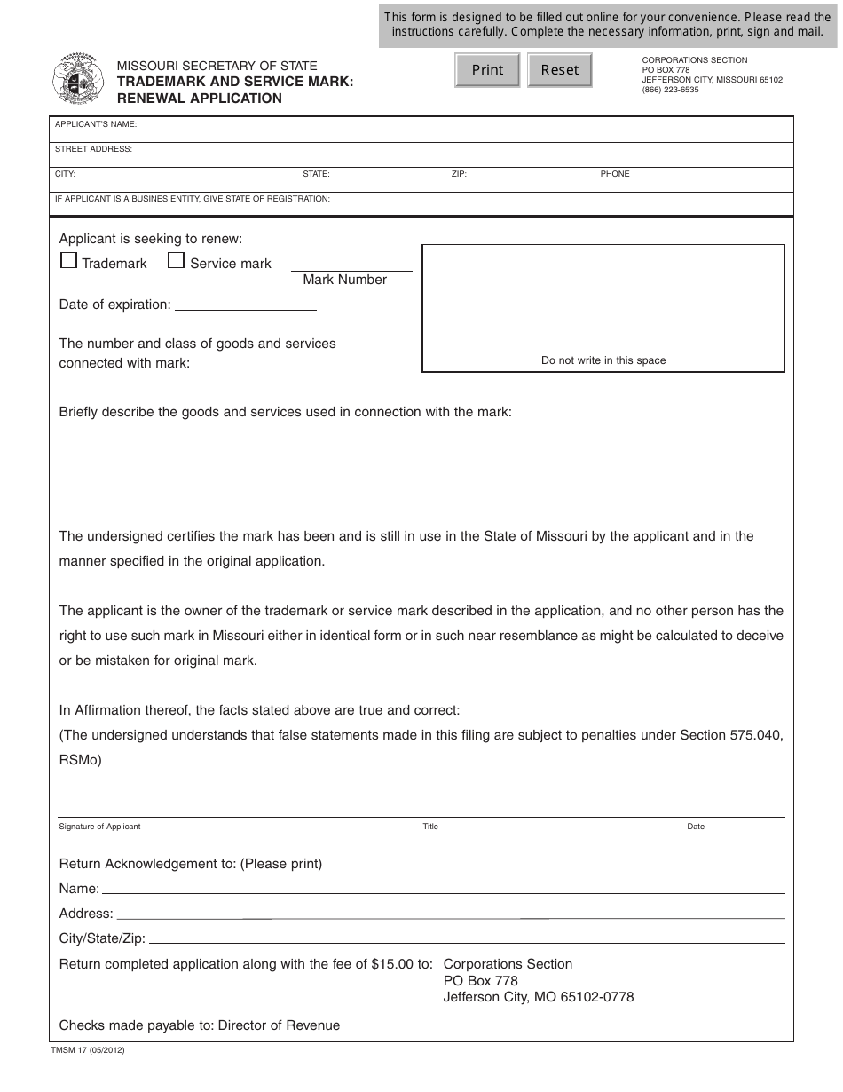 Form TMSM17 Trademarks and Service Mark: Renewal Application - Missouri, Page 1