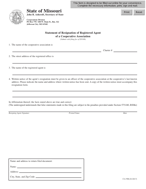 Form CA59B Statement of Resignation of Registered Agent of a Cooperative Association - Missouri