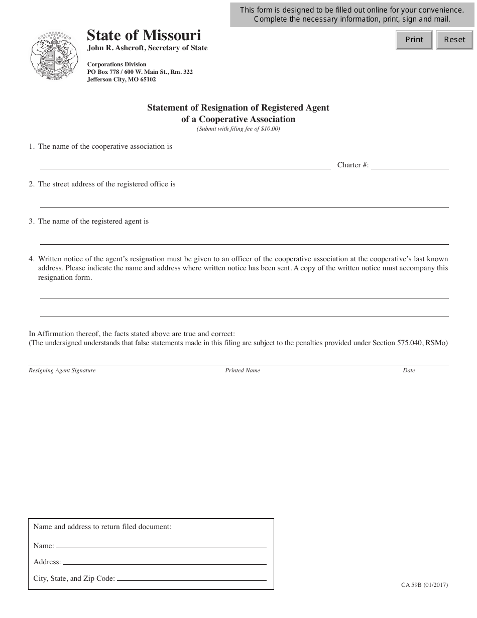 Form CA59B Statement of Resignation of Registered Agent of a Cooperative Association - Missouri, Page 1