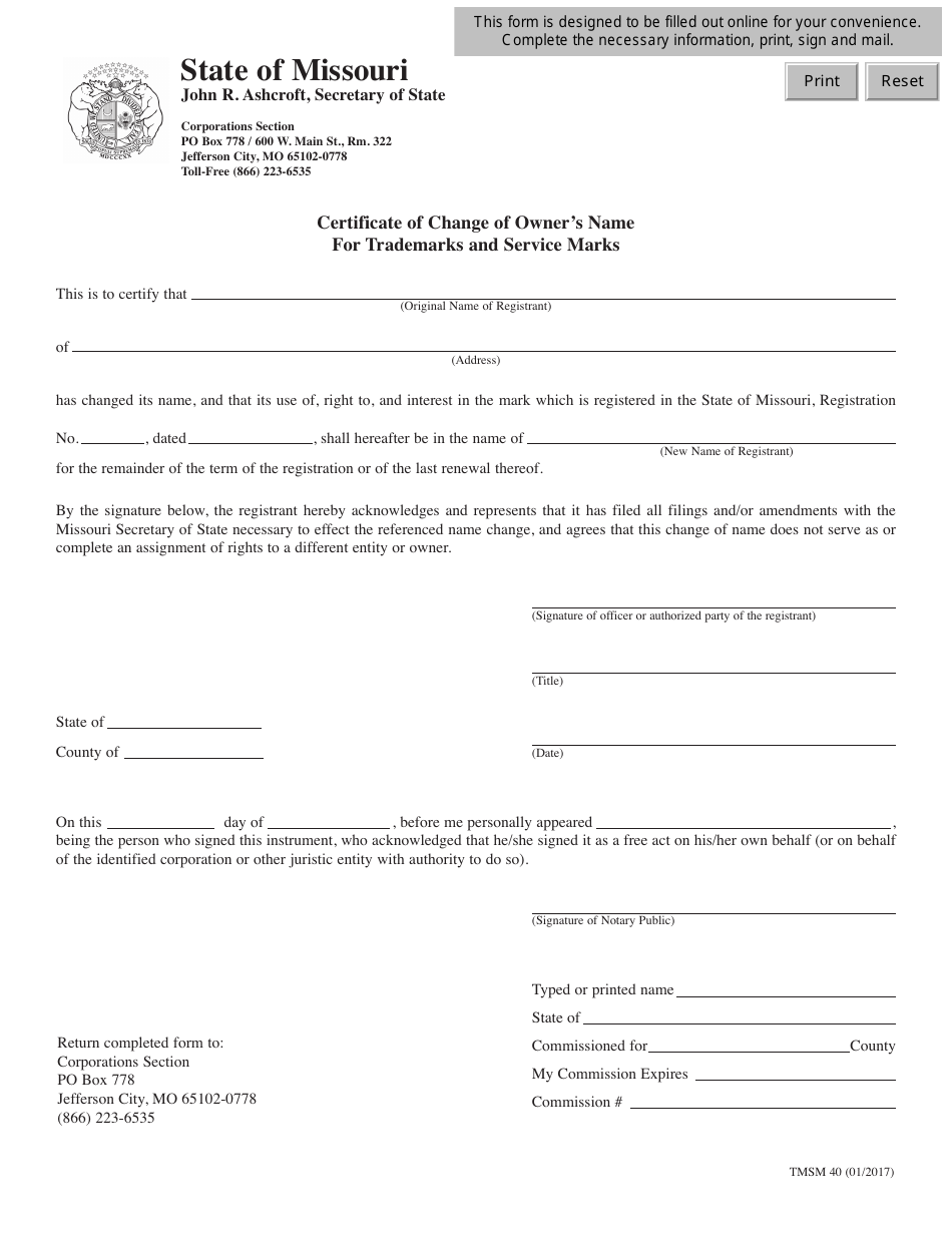 Form TMSM40 Certificate of Change of Owners Name for Trademarks and Service Marks - Missouri, Page 2