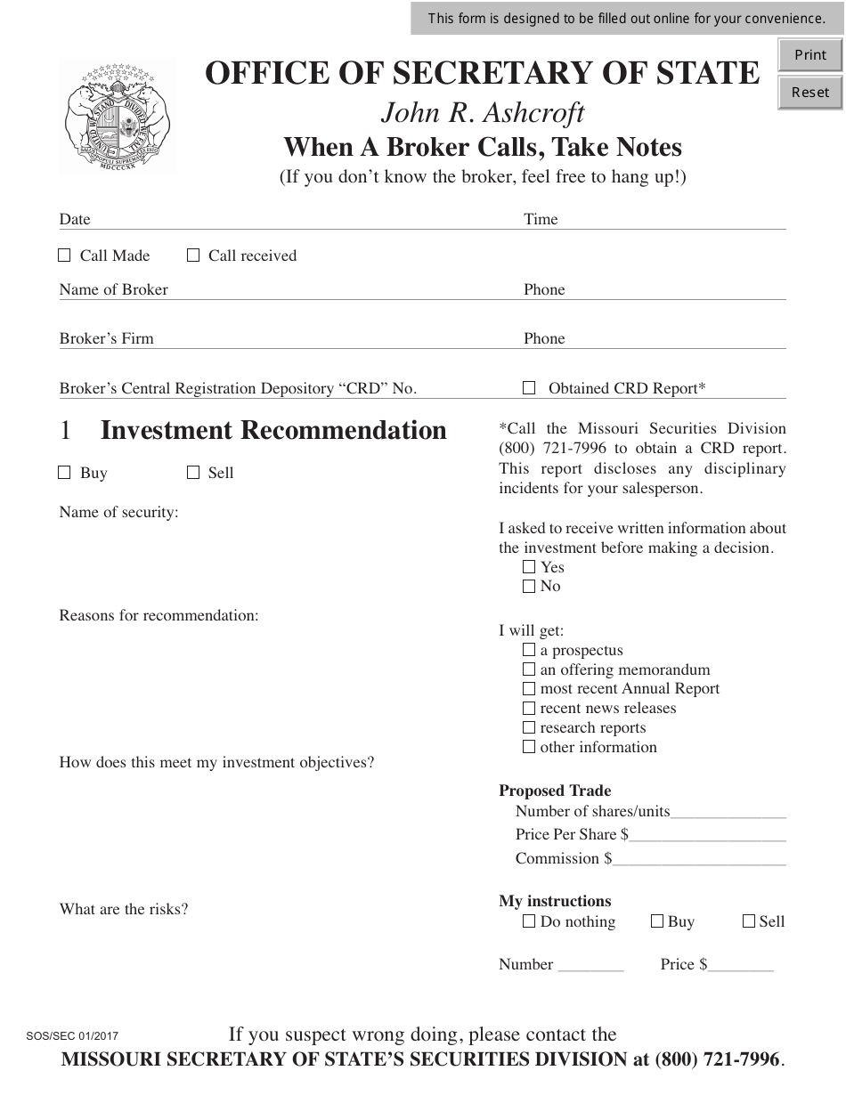 Missouri When a Broker Calls, Take Notes Fill Out, Sign Online and