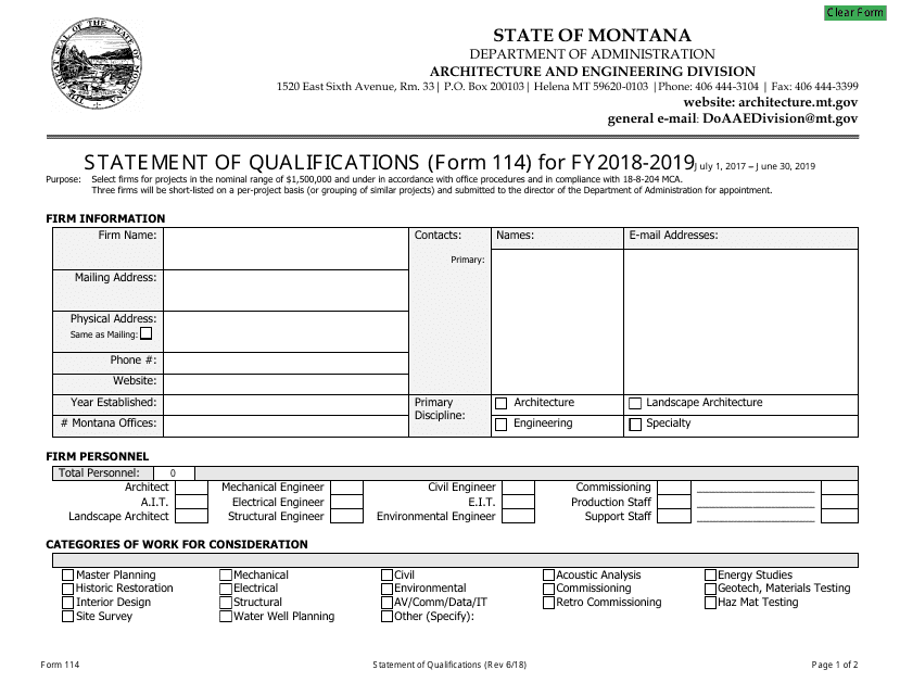 Form 114 Statement of Qualifications - Montana