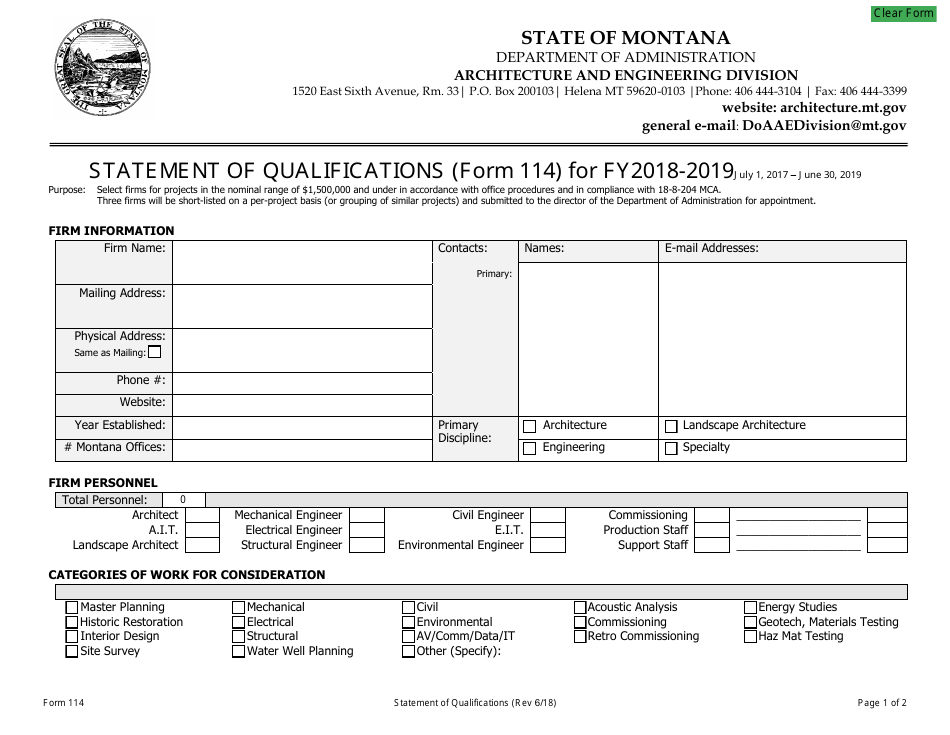 Form 114 Statement of Qualifications - Montana, Page 1